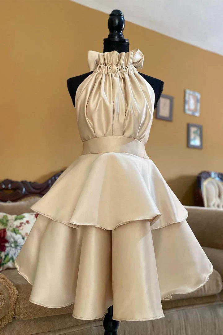 Satin A-line Mini Halter Bow Back Homecoming Dress