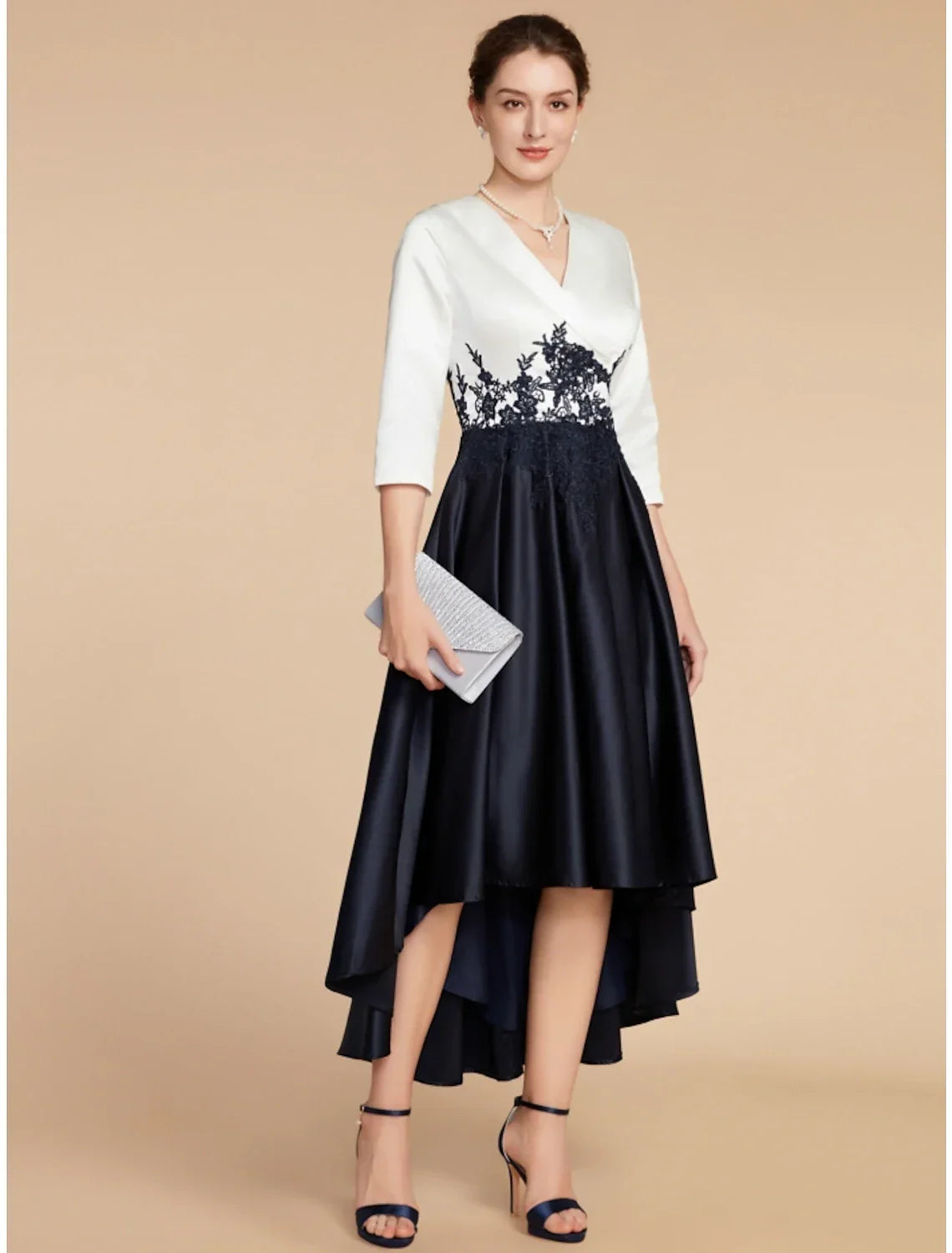 Mother of the Bride Dress Wedding Guest Elegant Petite V Neck Asymmetrical Half Sleeve with Ruching