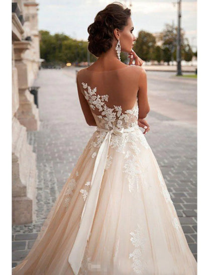 Elegant Red A-Line Classic-Neck Classic-Sleeve Open-Back Floor-Length Wedding Dress
