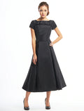 Vintage Dress Homecoming Short Sleeve Boat Neck Taffeta Buttons