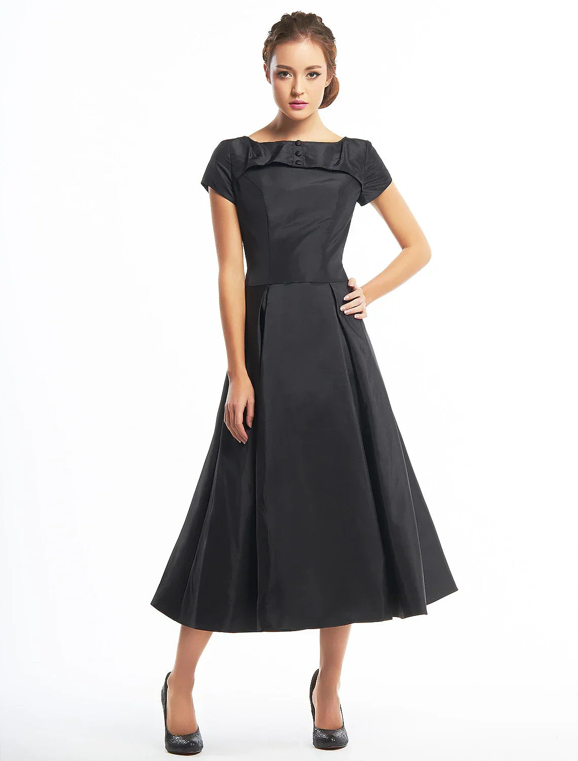Vintage Dress Homecoming Tea Length Short Sleeve Boat Neck Taffeta with Buttons