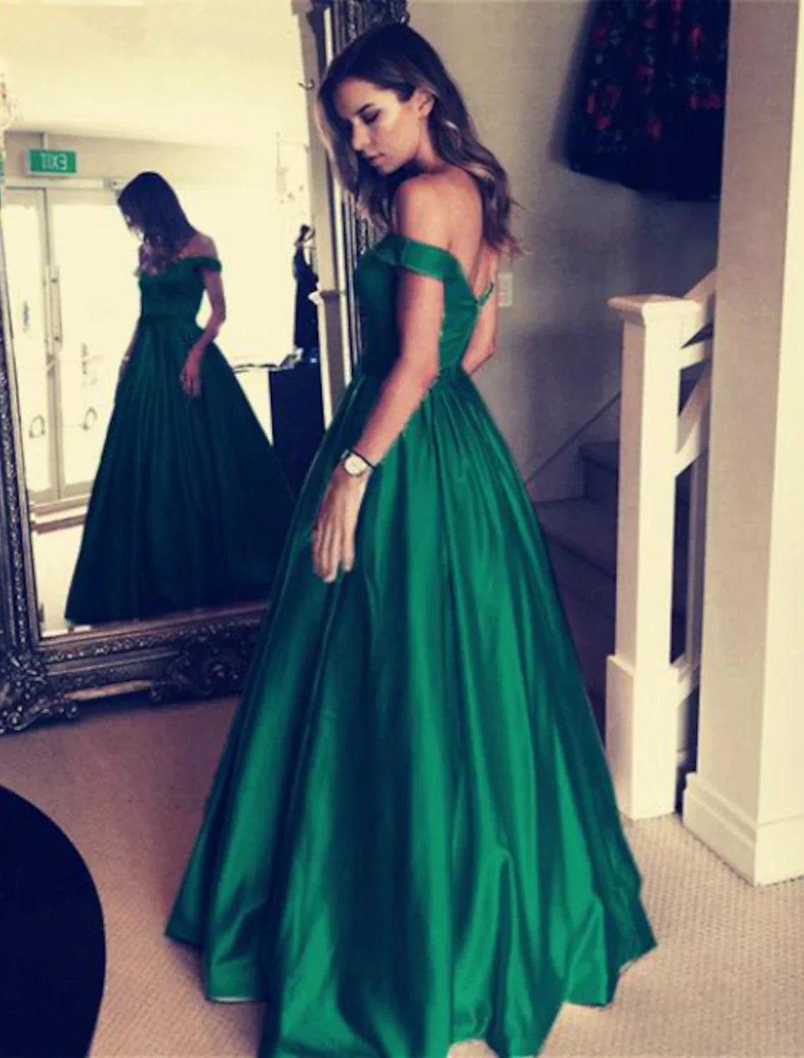Ball Gown Elegant Prom Formal Evening Dress Off Shoulder Backless Short Sleeve Floor Length with Pleats Beading