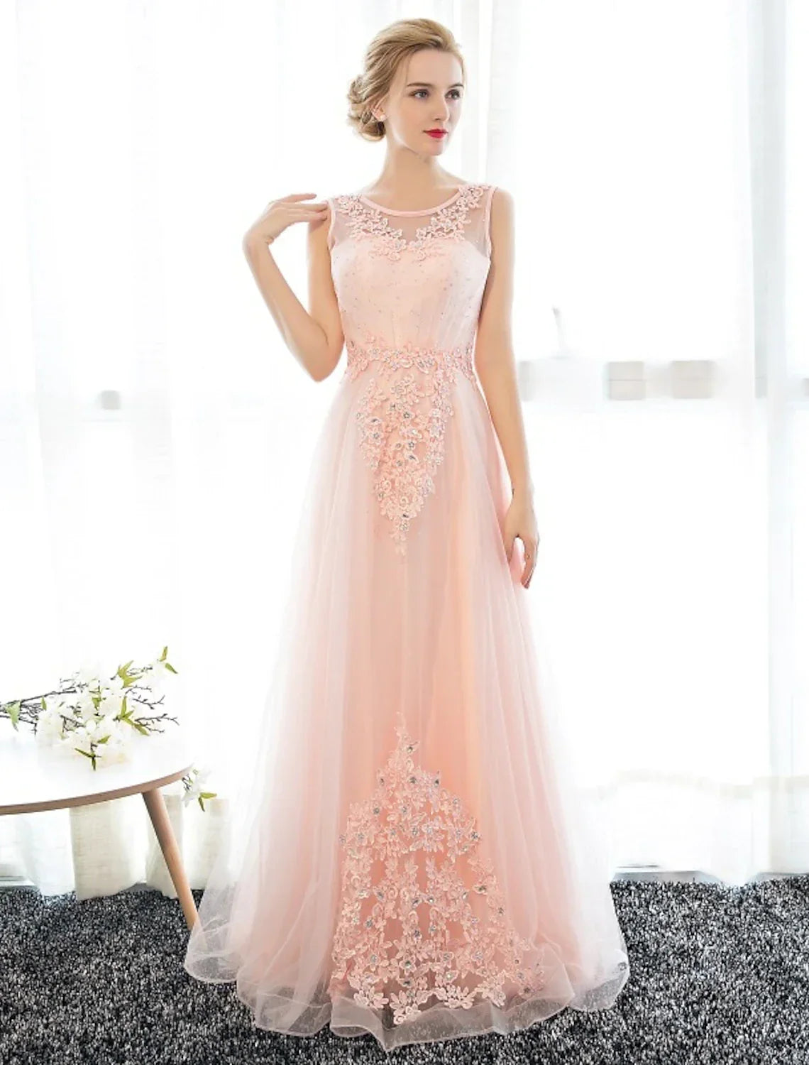 Sheath / Column Dress Wedding Guest Floor Length Sleeveless Illusion Neck with Crystals Appliques