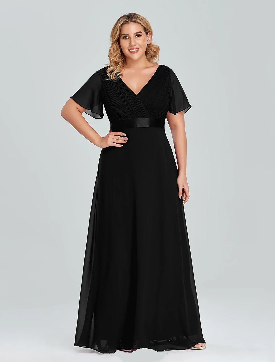 Empire Dress Wedding Guest Floor Length Short Sleeve V Neck with Pleats