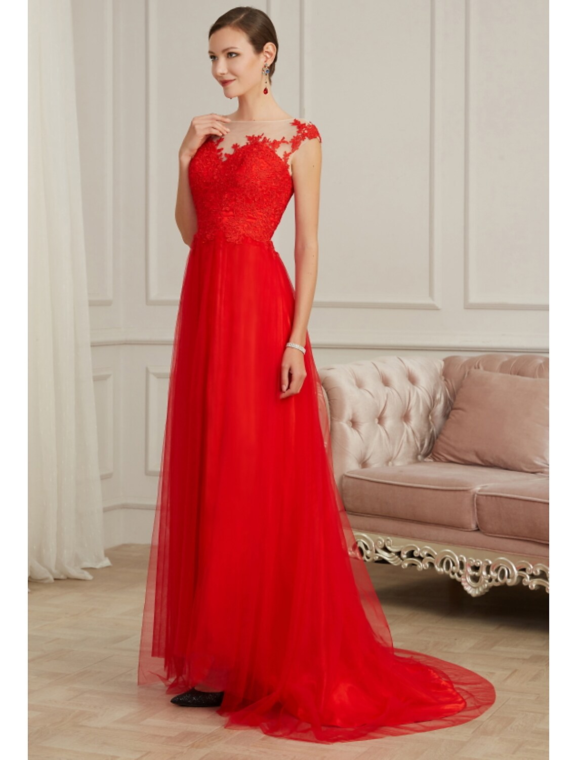 Evening Gown Elegant Dress Engagement Sleeveless Illusion Neck with Slit Appliques