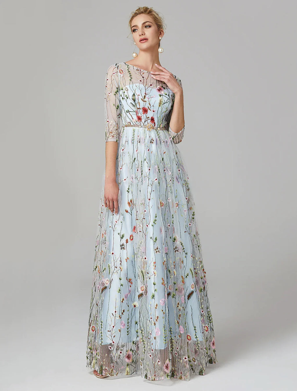 Evening Gown Elegant Dress Floor Length Sleeve with Embroidery