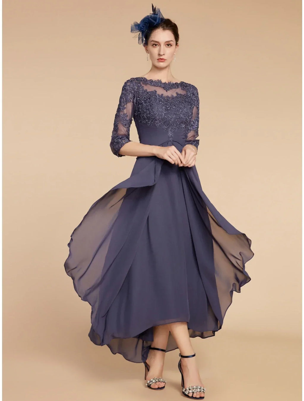 Mother of the Bride Dress Wedding Guest Elegant Scoop Neck Ankle Length 3/4 Length Sleeve with Ruching