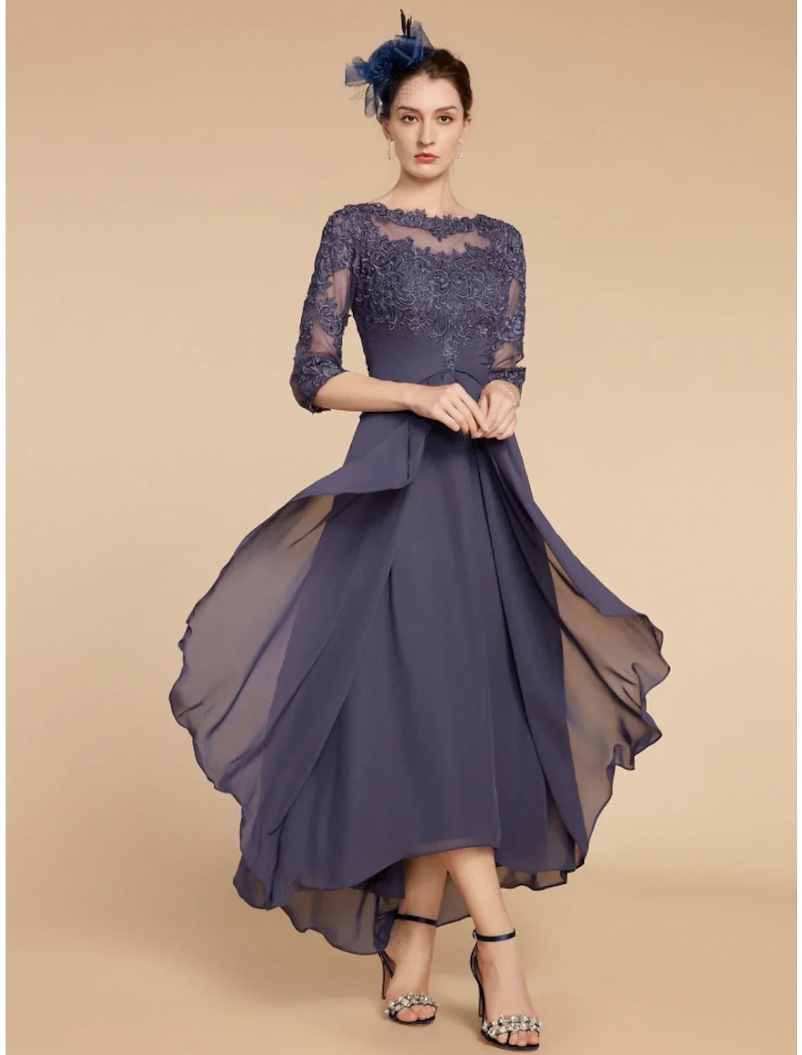 Mother of the Bride Dress Wedding Guest Elegant Scoop Neck Ankle Length 3/4 Length Sleeve with Ruching