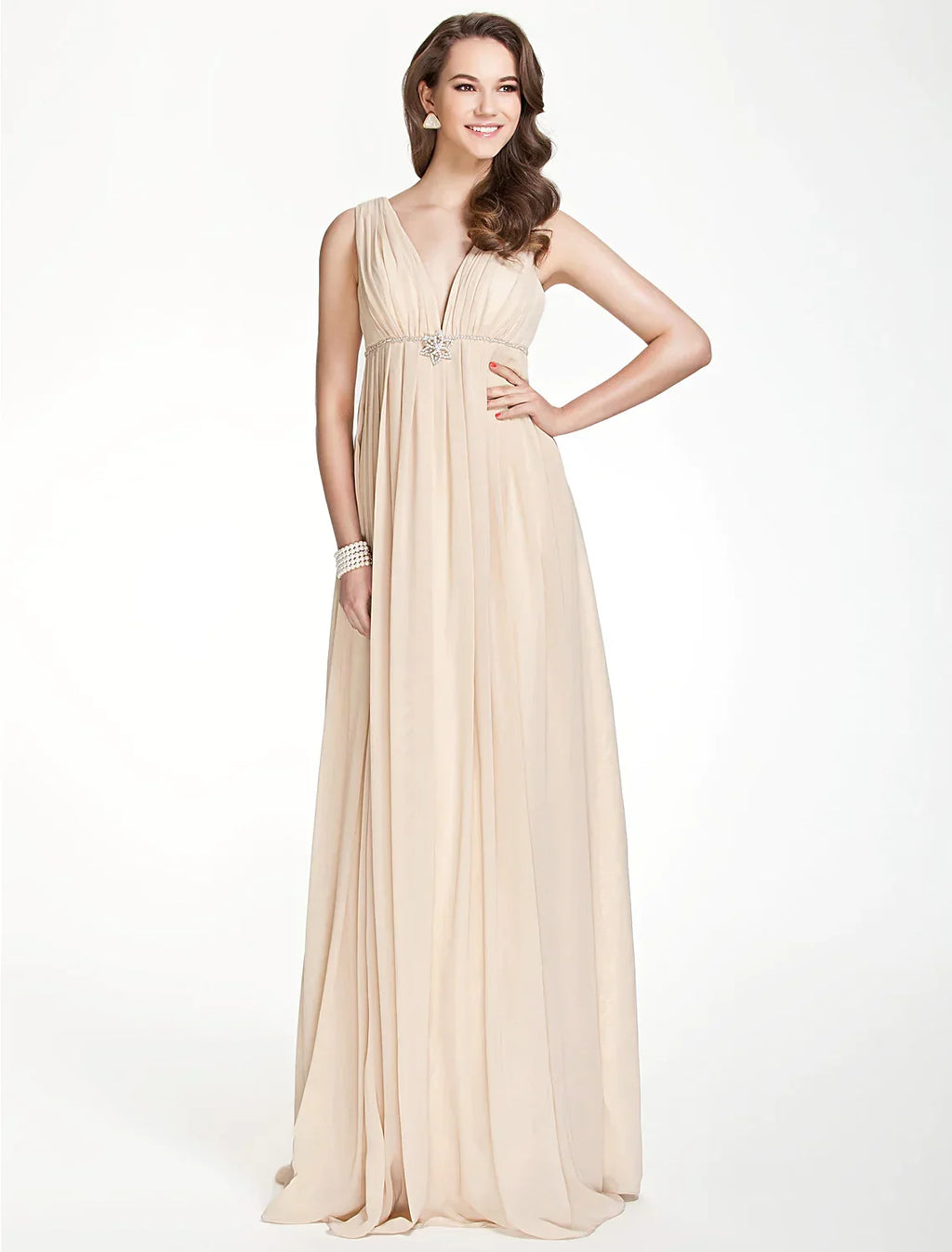 Bridesmaid Dress V Neck Sleeveless Beautiful Floor Length with Pleats Beading
