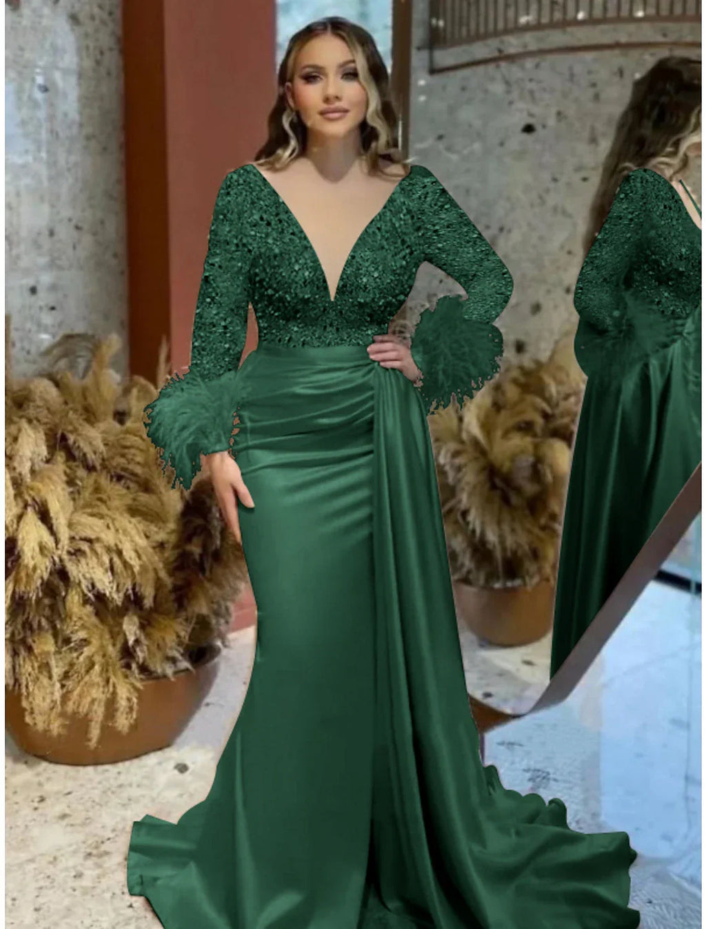 Mermaid Plus Size Dress Champagne Evening Gown Sparkle Dress Walk Through Formal Wedding Court Train Long Sleeve V Neck with Feather Glitter Ruched