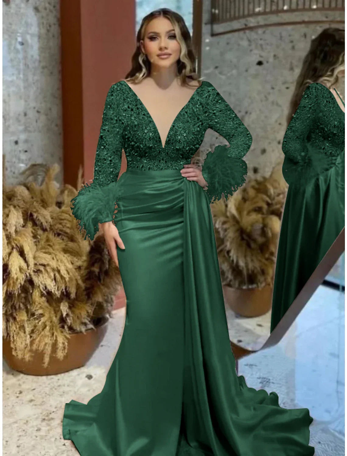 Mermaid / Trumpet Evening Gown Elegant Dress Formal Wedding Court Train Long Sleeve V Neck with Feather Glitter Ruched