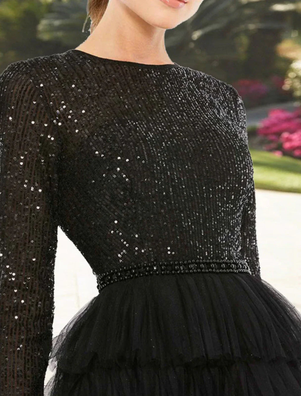 Black Cocktail Dresses Sparkle Dress Plus Size Party Wear Wedding Guest Tea Length Long Sleeve Jewel Neck Fall Wedding Guest with Tiered