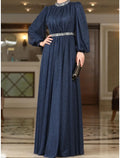 Evening Gown Elegant Dress Formal Floor Length Long Sleeve Jewel Neck Lurex Fabric with Rhinestone Pleats