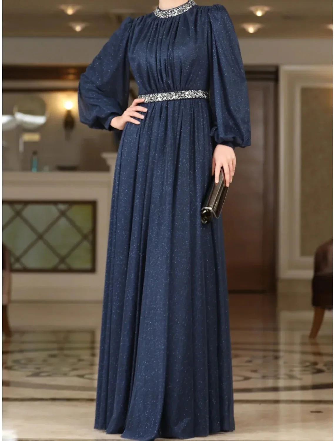 Evening Gown Elegant Dress Formal Floor Length Long Sleeve Jewel Neck Lurex Fabric with Rhinestone Pleats