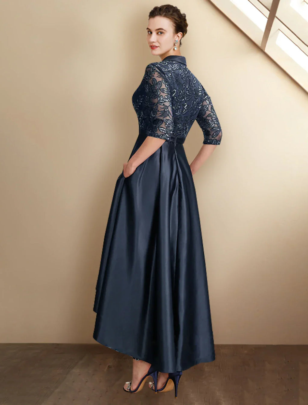 Mother of the Bride Dress Plus Size Elegant High Low Shirt Collar Asymmetrical Tea Length Half Sleeve with Pleats Appliques