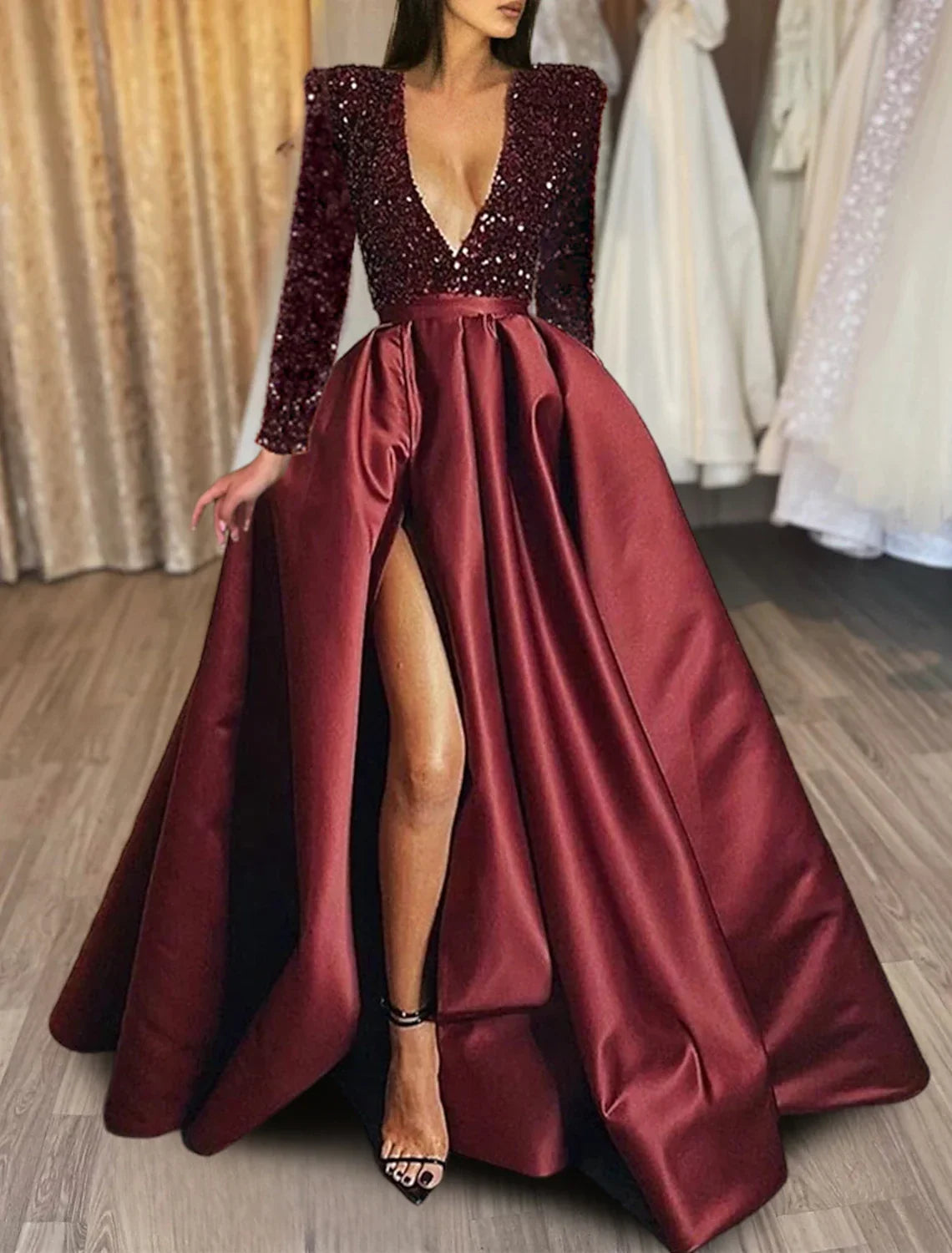 Black Evening Gown Christmas Red Green Dress Formal Dress Plus Size Wedding Court Train Half Sleeve V Neck with Slit