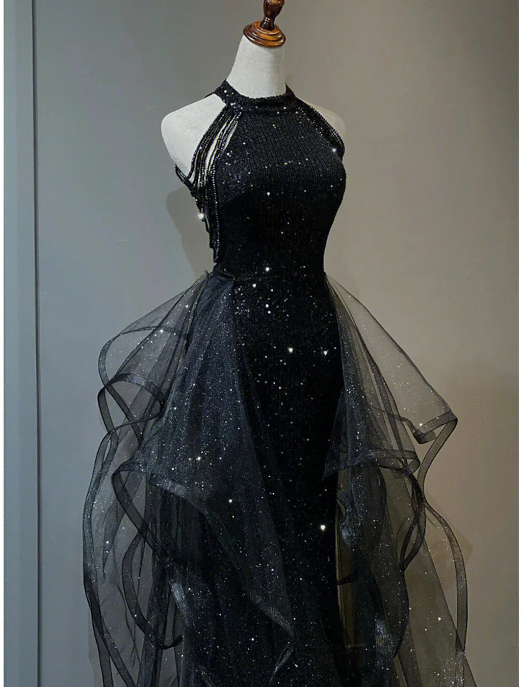Black Prom Dress Plus Size Vintage Dress Wedding Party Birthday Sweep / Brush Train Sleeveless Halter Neck Wednesday Addams Family with Crystals Ruffles