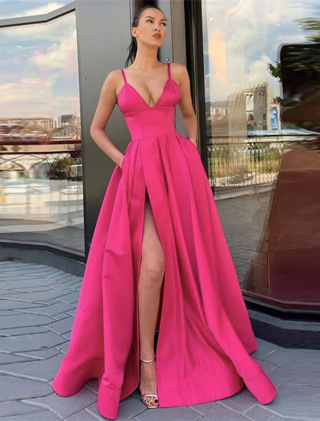 Prom Dress High Split Evening Dress Formal Birthday Sleeveless with Pleats Split Front