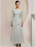 Mother of the Bride Dress Wedding Guest Elegant Jewel Neck Ankle Length Long Sleeve with Pleats Appliques