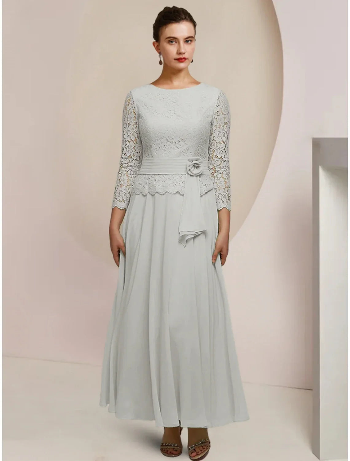 Mother of the Bride Dress Wedding Guest Elegant Jewel Neck Ankle Length Long Sleeve with Pleats Appliques