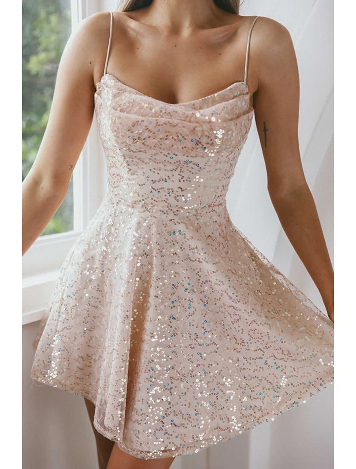 A-Line Cowl Neck Spaghetti Strap Zipper Back Mini Homecoming Dresses