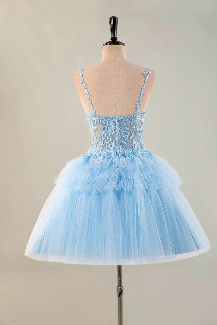 Tulle A-line Mini Spaghetti Straps Zip Back Homecoming Dress