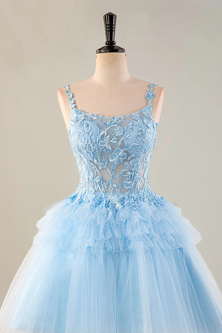 Tulle A-line Mini Spaghetti Straps Zip Back Homecoming Dress