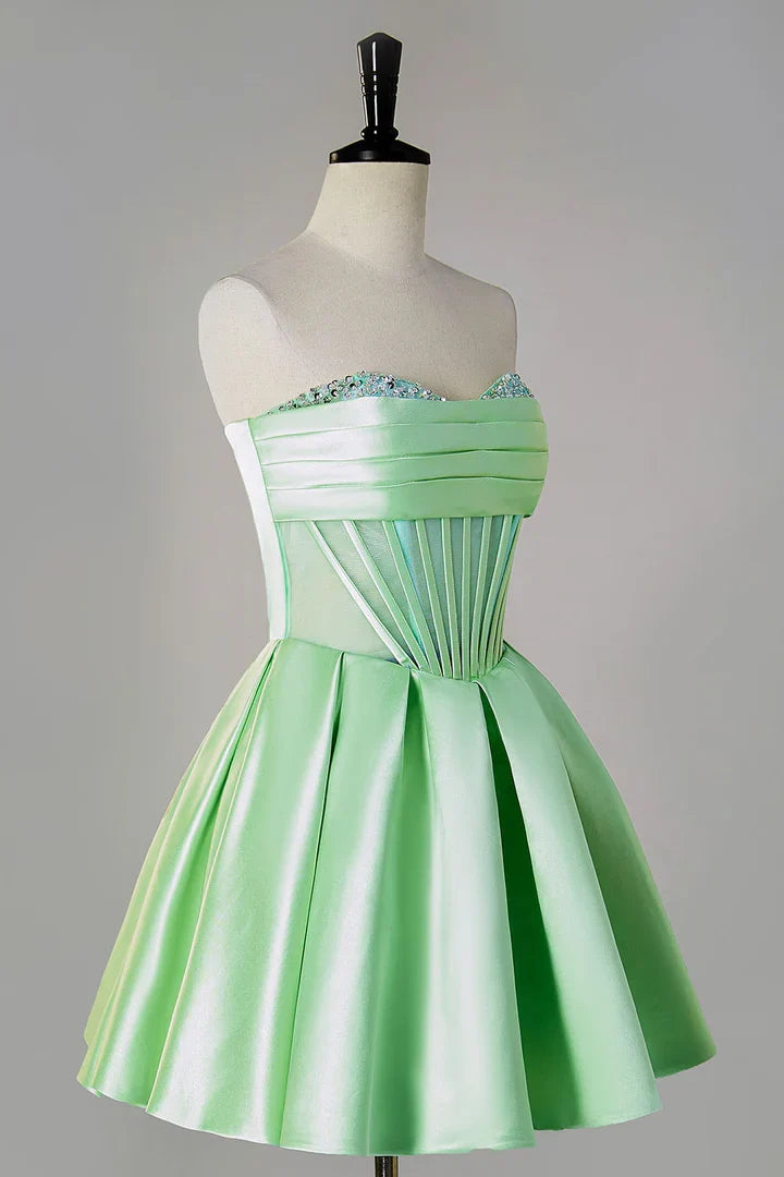 Satin A-line Mini Strapless Zip Back Homecoming Dress