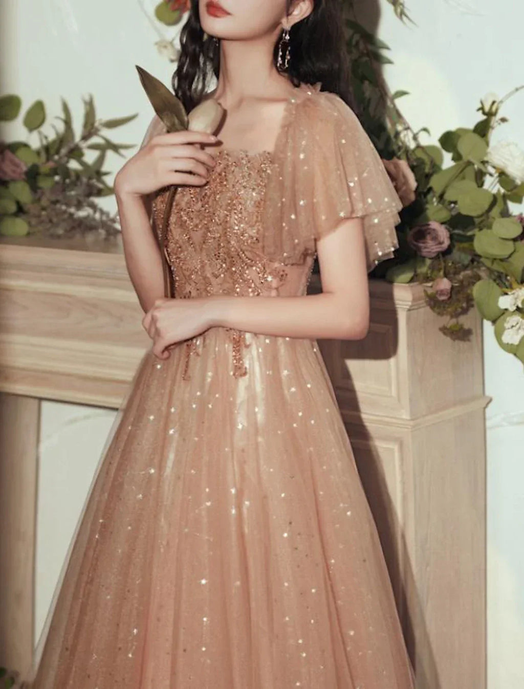 Glittering Elegant Wedding Guest Formal Evening Dress Scoop Neck Short Sleeve Floor Length with Pleats