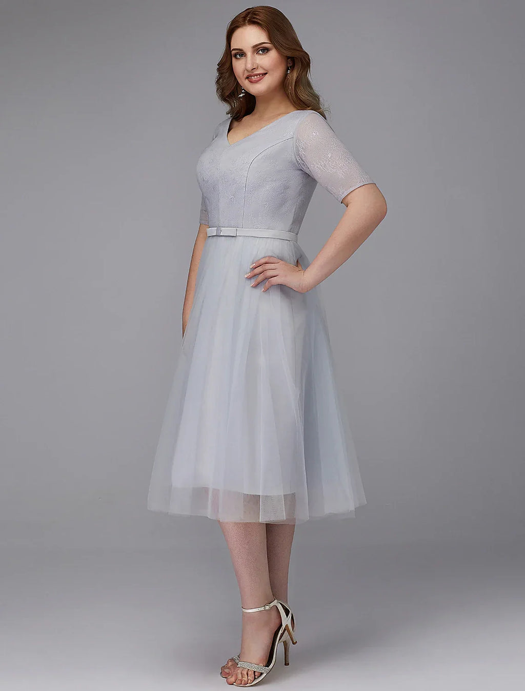 Wedding Guest Tea Length Short Sleeve V Neck Lace-up with Sash / Ribbon