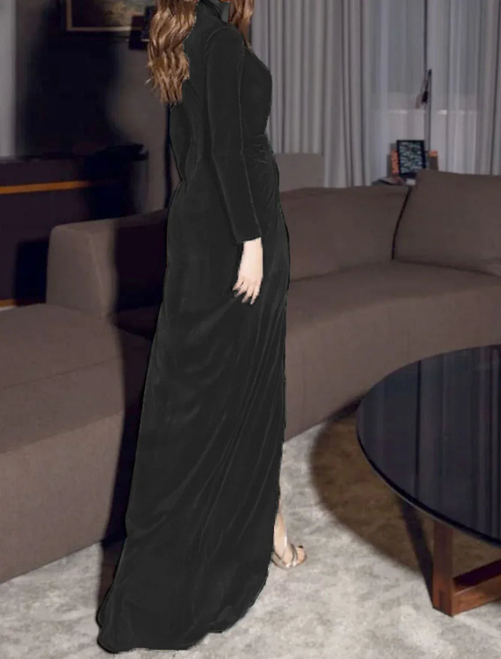 Green Sheath / Column Evening Gown Vintage Dress Christmas Red Dress Formal Evening Floor Length Long Sleeve V Neck Fall Wedding Guest with Draping Slit