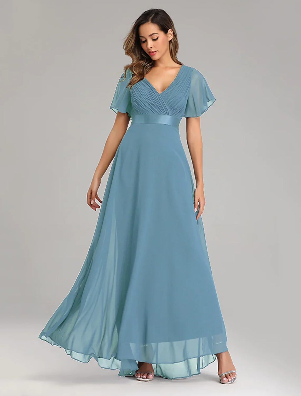 Graduation Floor Length Short Sleeve V Neck V Back with Ruched Ruffles
