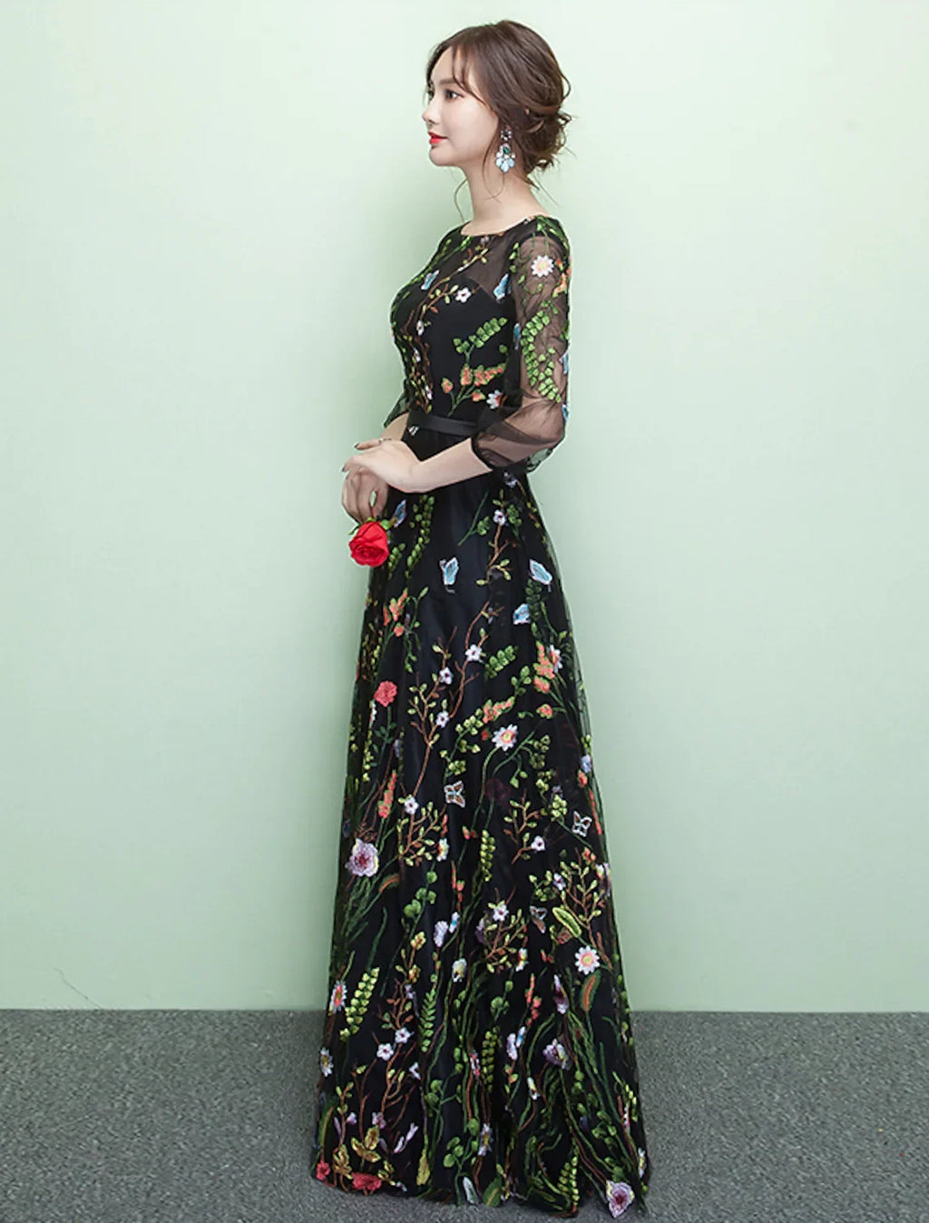 Formal Evening Dress Length Sleeve Floor Length with Embroidery