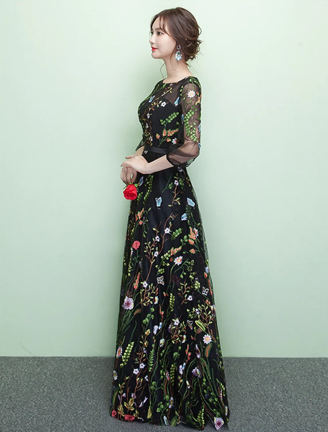 Formal Evening Dress Length Sleeve Floor Length with Embroidery