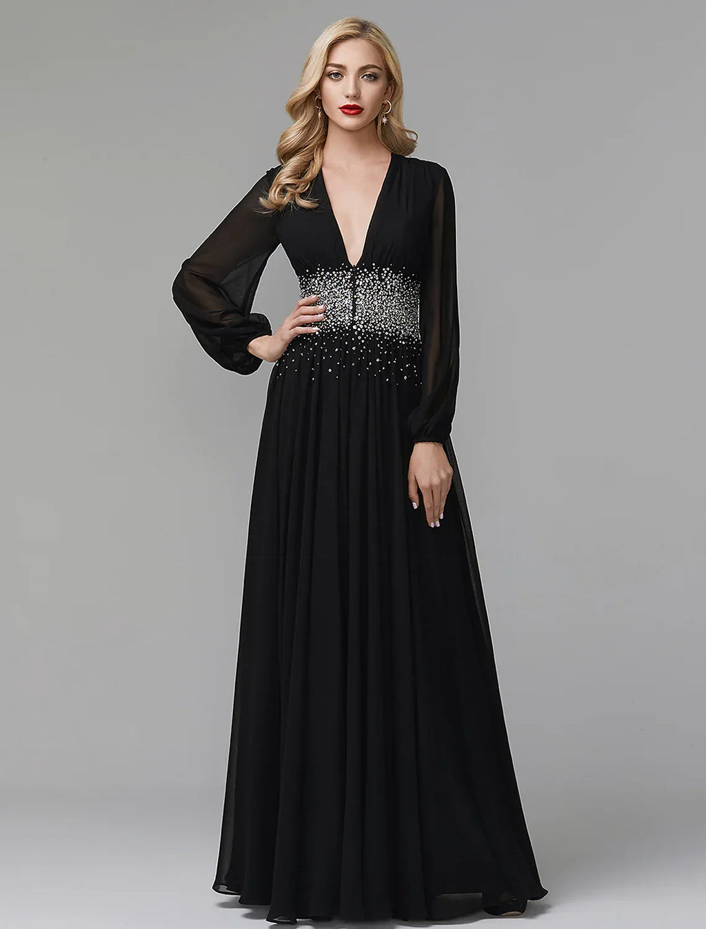 Black Evening Dress Celebrity Red Carpet Formal Gown Wedding Guest Floor Length Long Sleeve V Neck