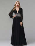 Black Evening Dress Celebrity Red Carpet Formal Gown Wedding Guest Floor Length Long Sleeve V Neck