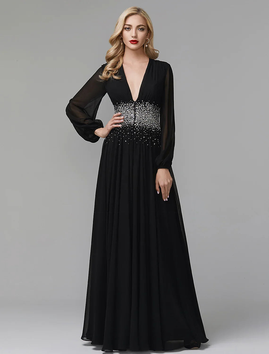 Black Evening Dress Celebrity Red Carpet Formal Gown Wedding Guest Floor Length Long Sleeve V Neck