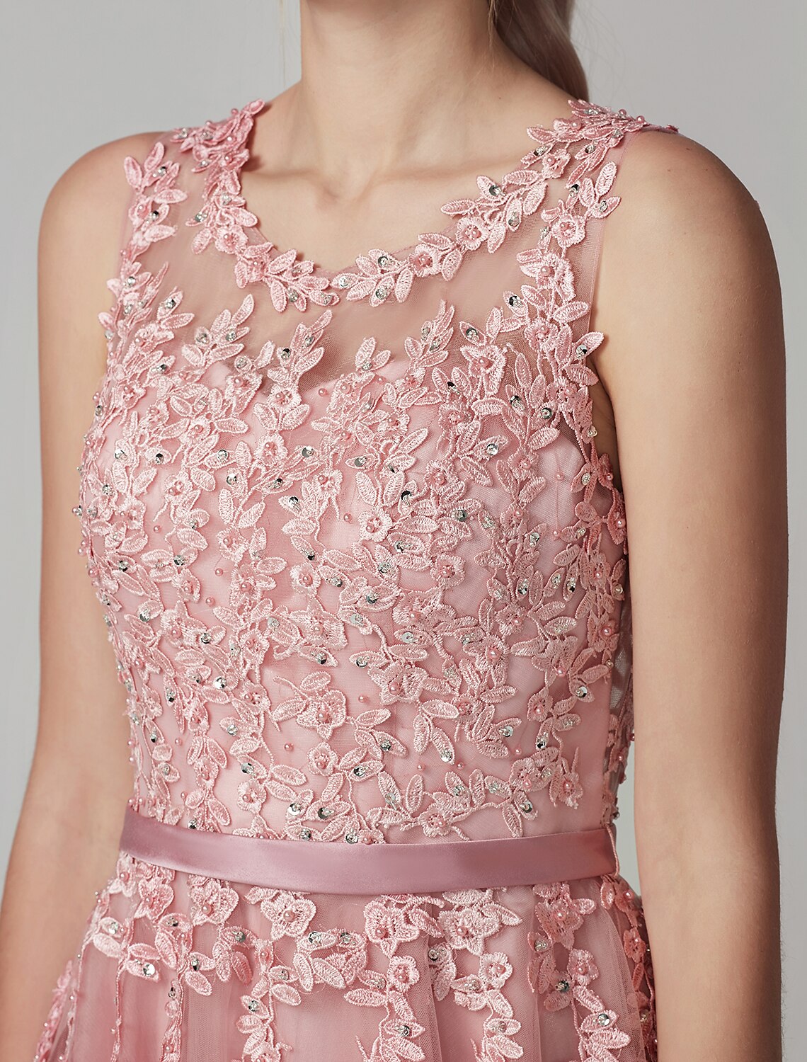 Cocktail Party Knee Length Sleeveless Illusion Neck Over with Beading Appliques