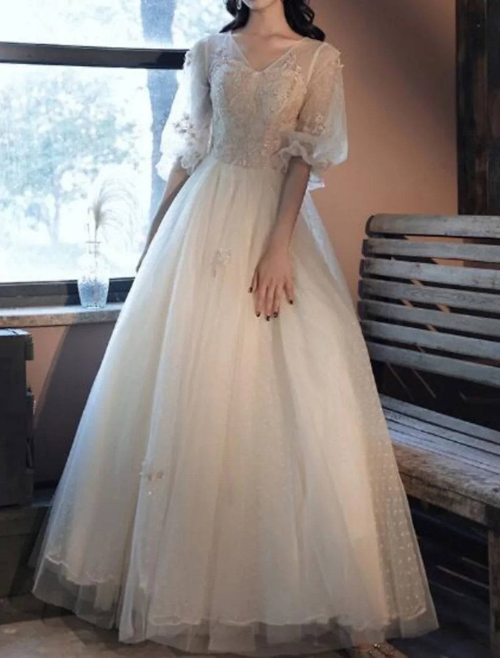 Ball Gown Vintage Floral Quinceanera Prom Dress V Neck Half Sleeve Floor Length with Pleats Embroidery