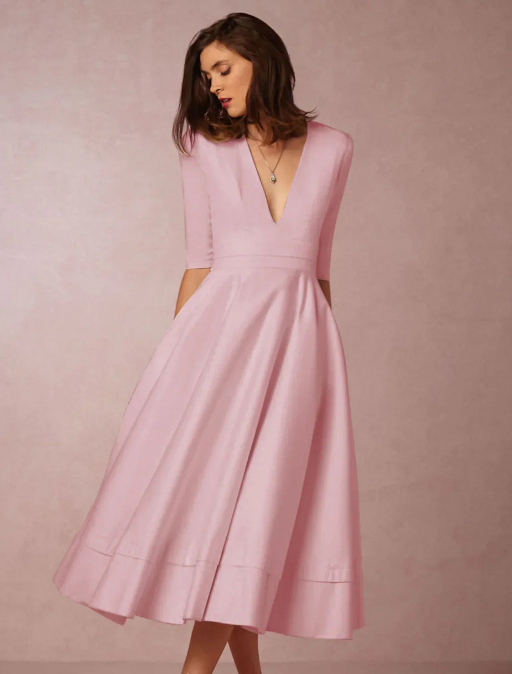 Party Half Sleeve V Neck Pocket with Pleats