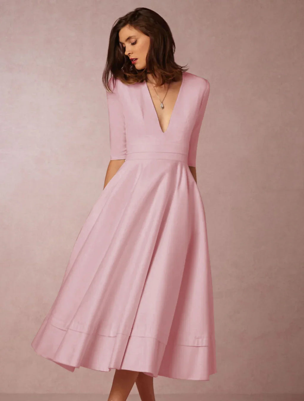 Special Occasion Dresses Party Dress Holiday Tea Length Half Sleeve V Neck Pocket with Pleats