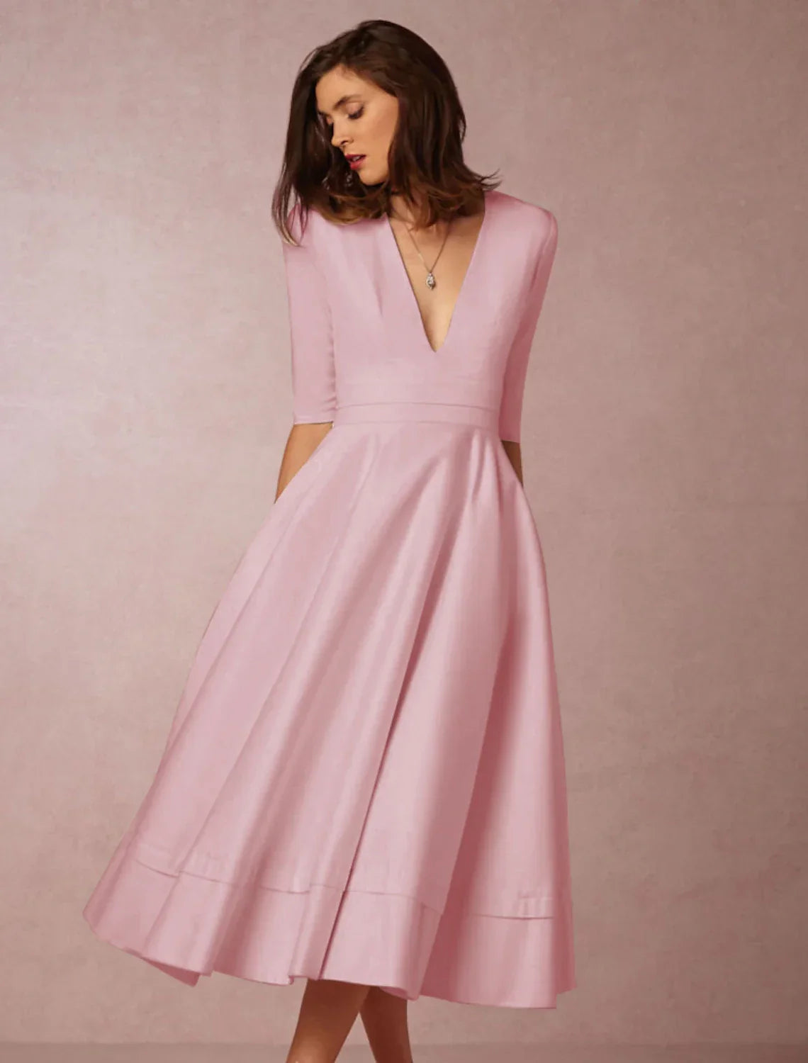 White Special Occasion Dresses Party Dress Holiday Wedding Guest Tea Length Half Sleeve V Neck Pocket with Pleats & Ivory ship in 48 hours