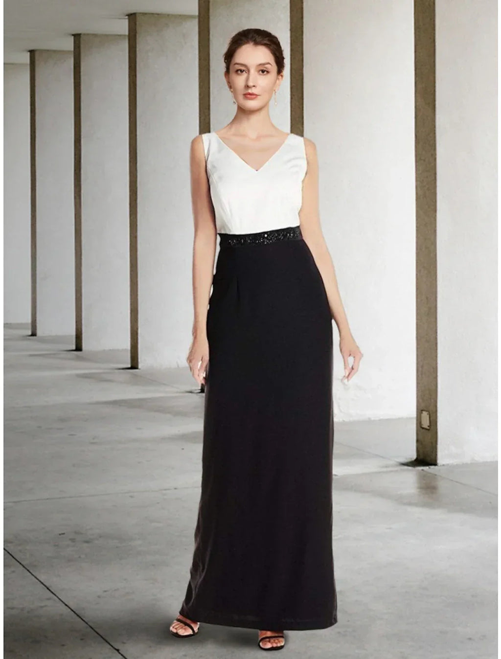 Black Two Piece Sheath / Column Mother of the Bride Dress Wedding Guest Elegant Dress V Neck Ankle Length Half Sleeve with Split Front Ruching