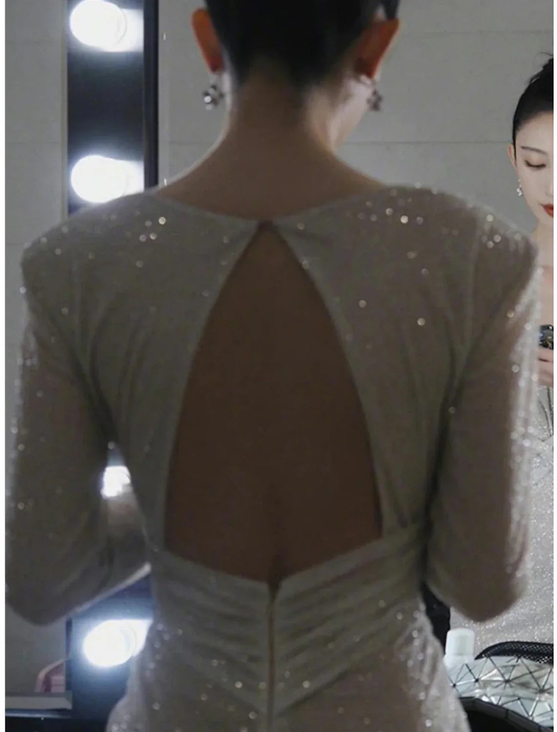 Sheath / Column Prom Dresses Sparkle & Shine Dress Wedding Party Floor Length Long Sleeve V Neck Backless with Glitter Ruched Slit