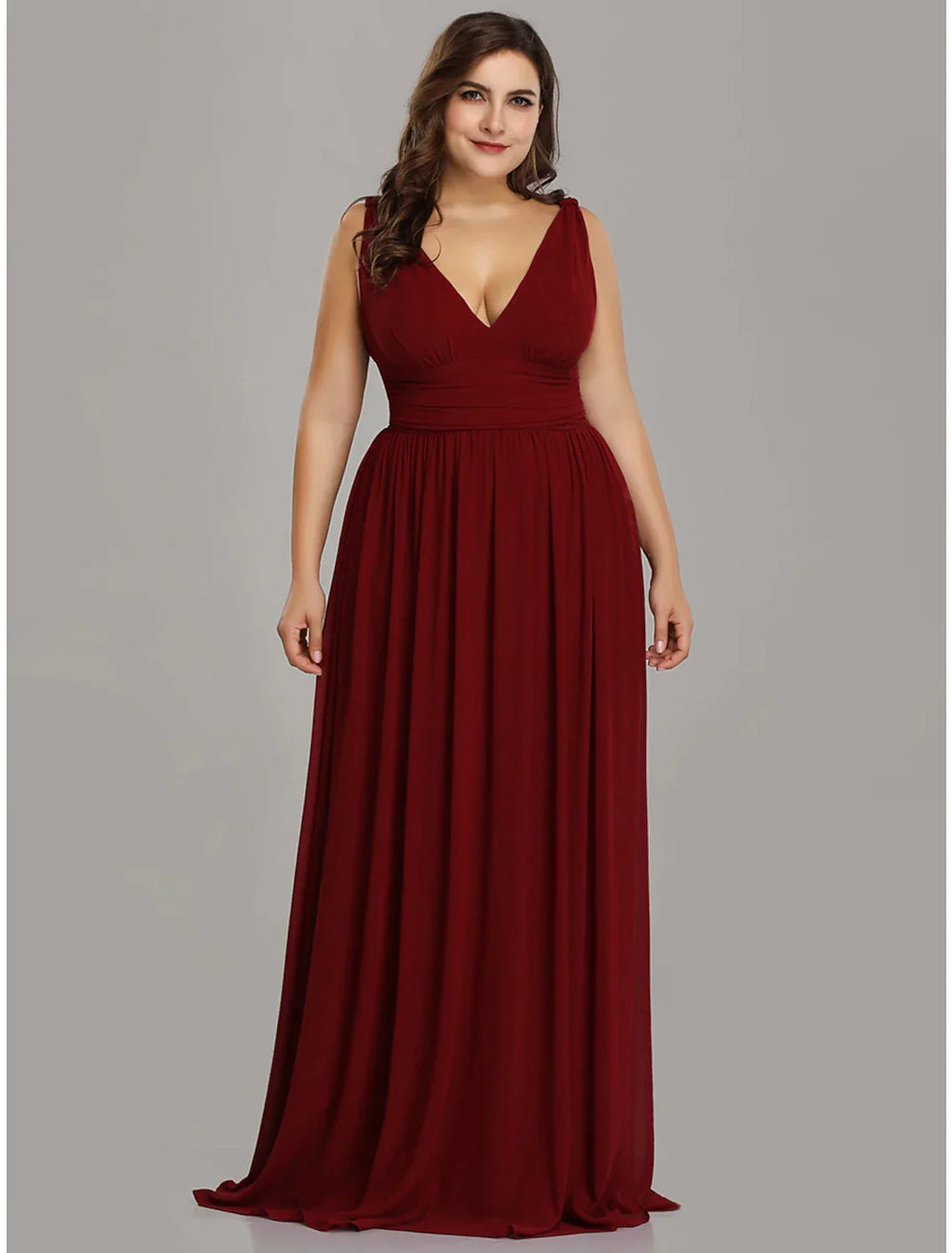 Plus Size Wedding Formal Evening Dress V Neck V Back Sleeveless Floor Length with Pleats