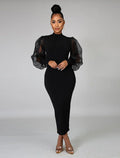 Black Sheath / Column Cocktail Dresses Little Dress Dress Wedding Guest Tea Length Long Sleeve High Neck Fabric with Pure Color Splicing