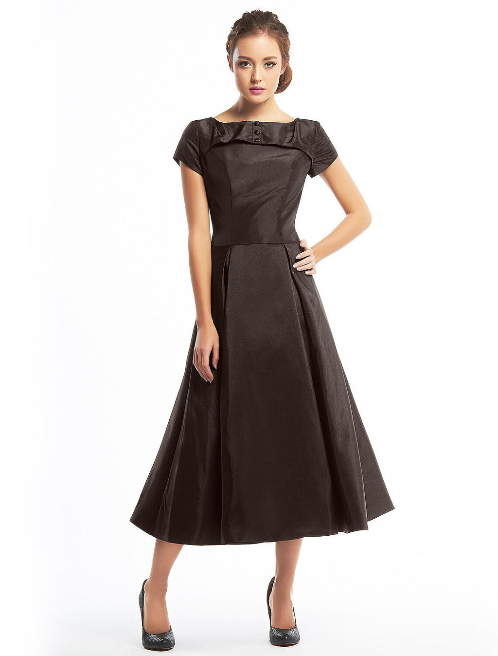 Vintage Dress Homecoming Tea Length Short Sleeve Boat Neck Taffeta with Buttons
