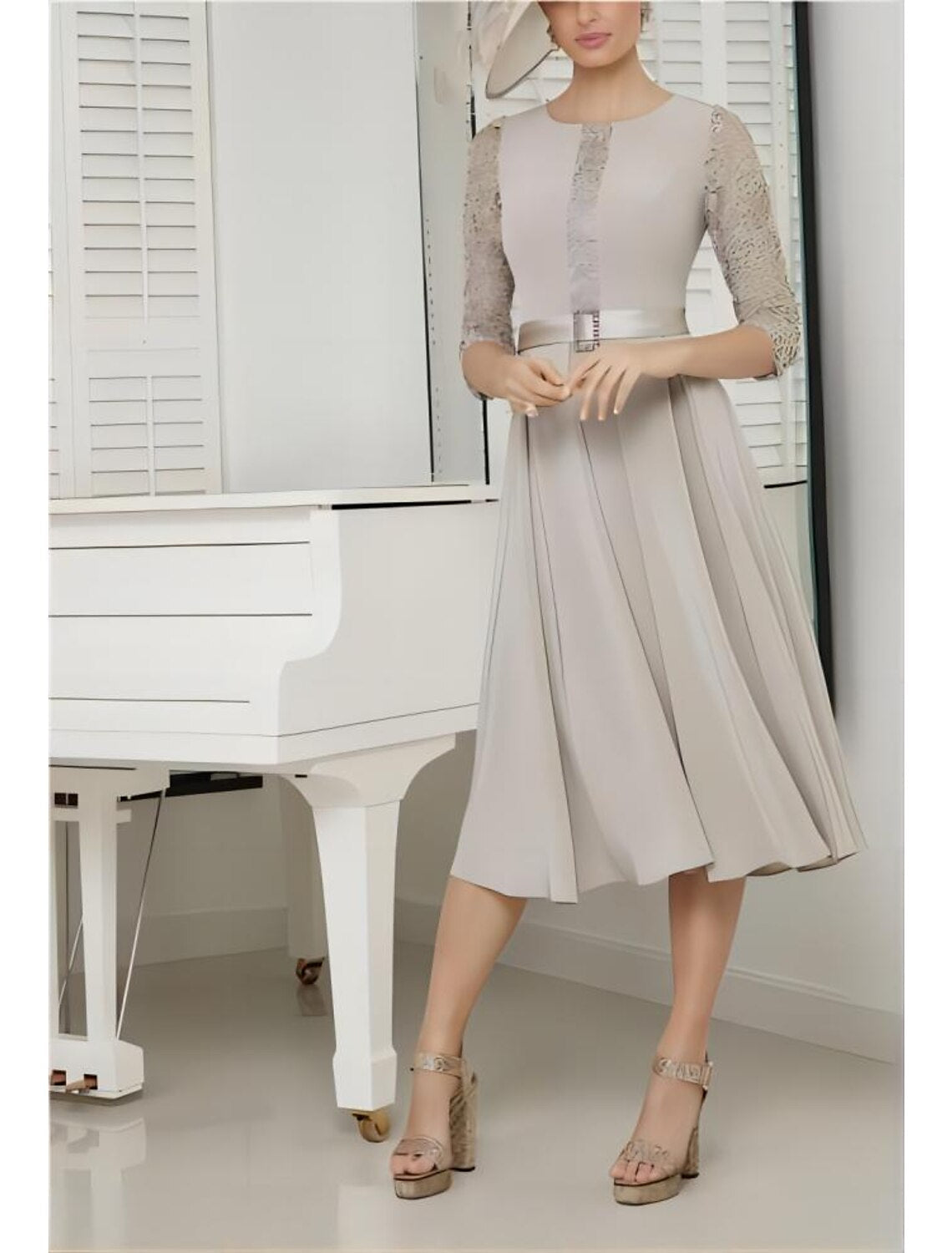 Mother of the Bride Dress Formal Wedding Guest Elegant Jewel Neck Tea Length 3/4 Length Sleeve with Sash / Ribbon Solid Color