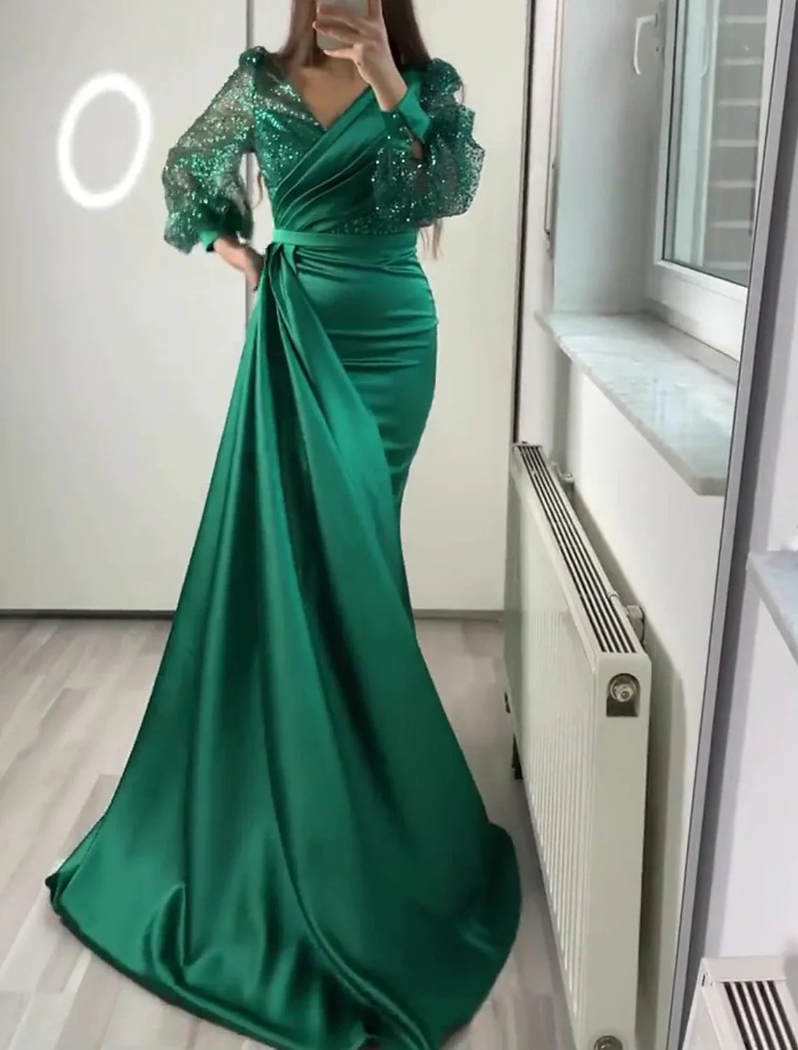 Black Mermaid / Trumpet Evening Gown Vintage Dress Formal Tie Floor Length Long Sleeve V Neck Charmeuse with Buttons Pearls