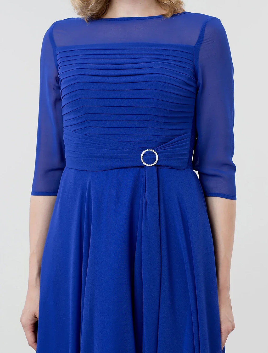 Formal Evening Wedding Party Dress Boat Neck 3/4 Length Sleeve Tea Length Georgette with Ruched Crystal Brooch